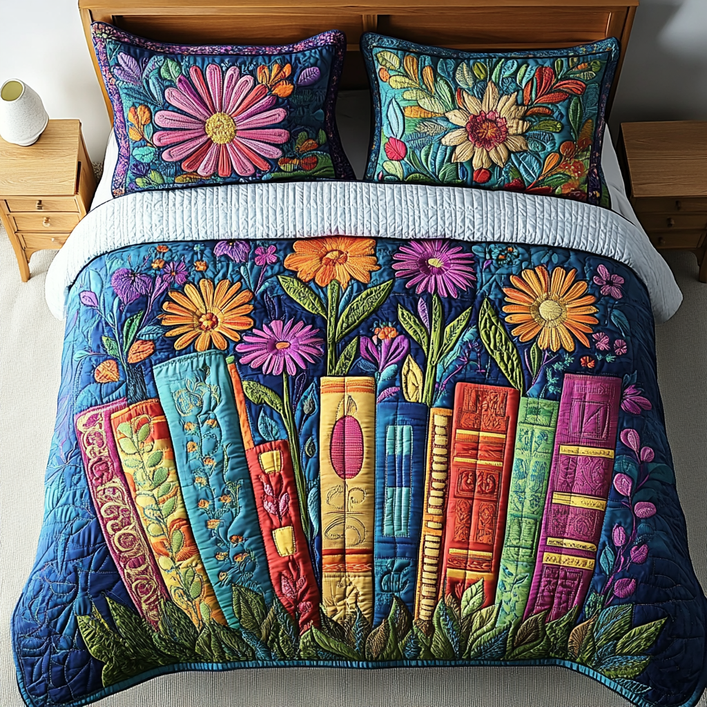 Garden of Books Quilted Bedding Set Christmas Duvet Sets Book Themed Gift Items - Image 2