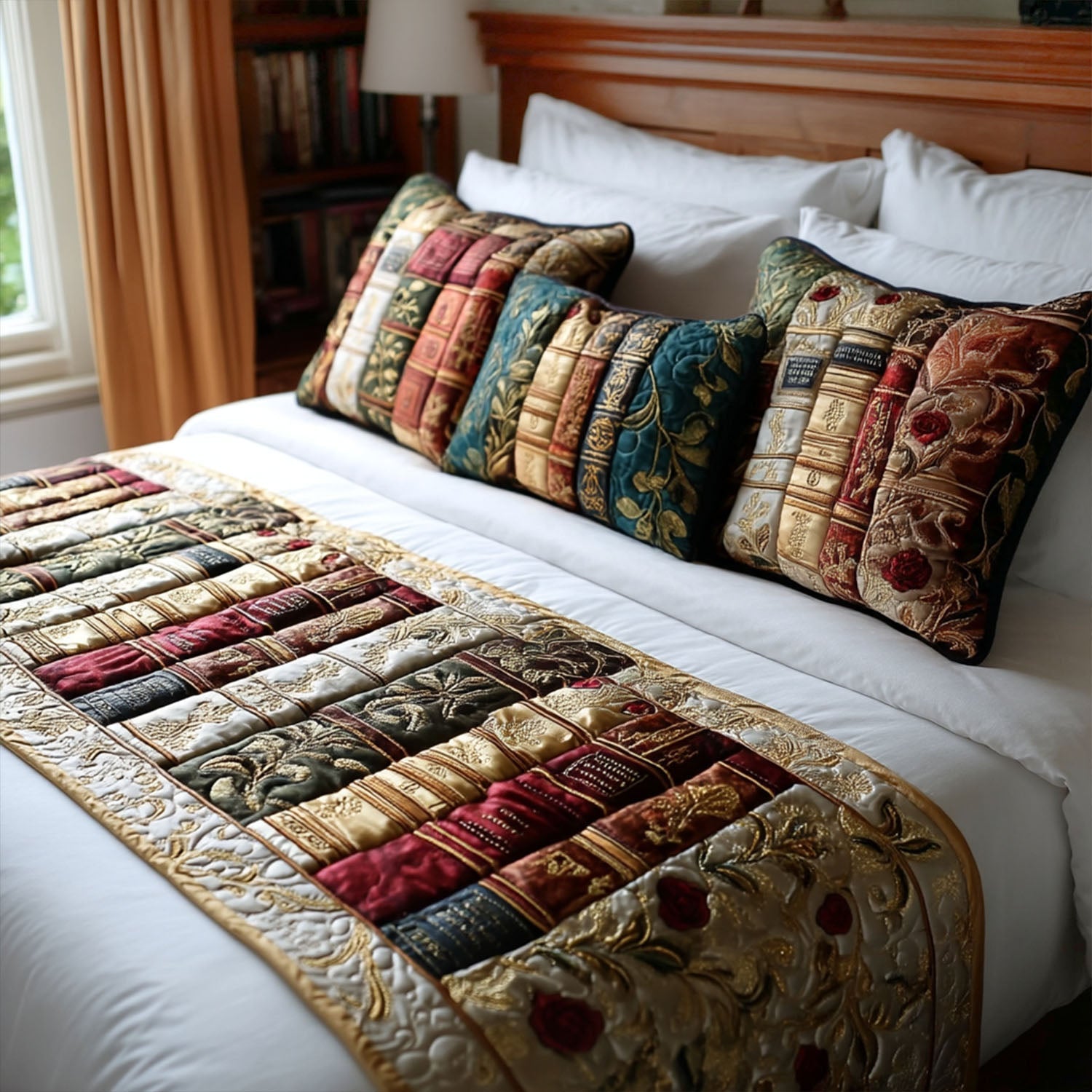 Garden of Knowledge Quilted Bed Runner Bed Decor Gift Ideas For Book Lovers