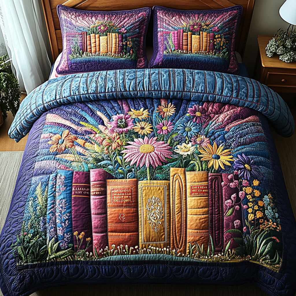 Garden of Pages Quilted Bedding Set Cozy Bedroom Decor Great Book Lover Gifts
