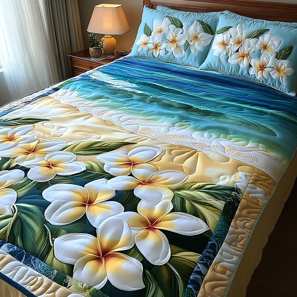 Garden of Plumeria Quilted Bedding Set Best Bed Sheet Set Gift For Ocean Lover