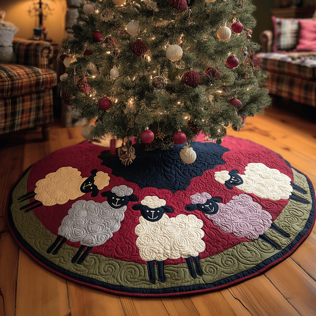 Garden Sheep Christmas Quilted Tree Skirt Animal Decor Christmas Gifts For Sheep Lovers