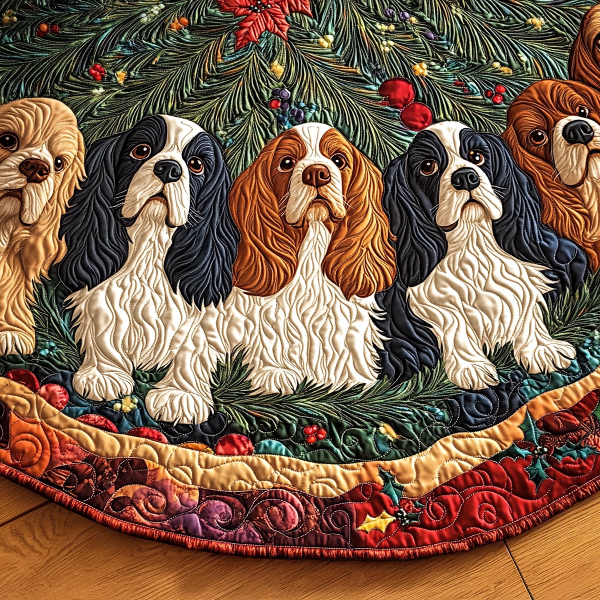 Garden Spaniel Quilted Christmas Tree Skirt Holiday Living Room Decor