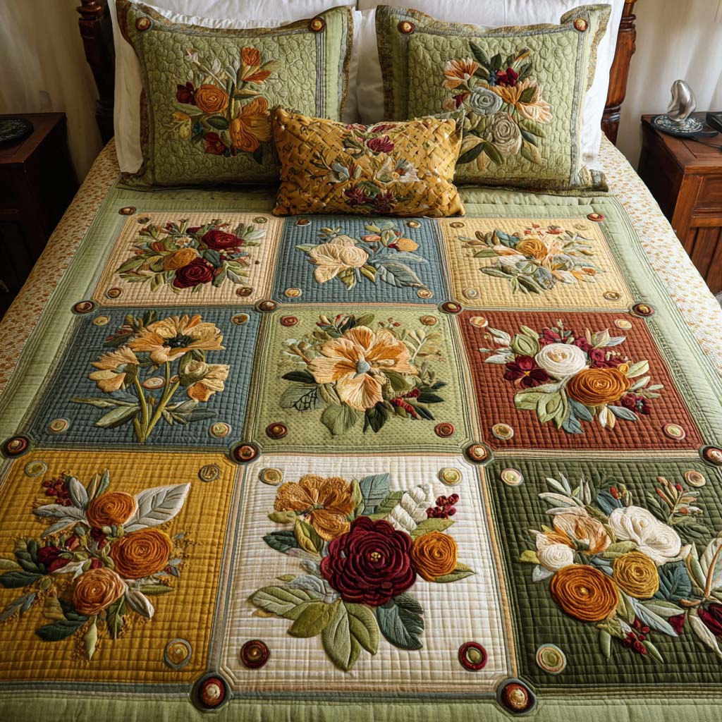 Garden Whimsy Quilted Bedding Set Cozy Bedroom Decor Christmas Flower Gifts