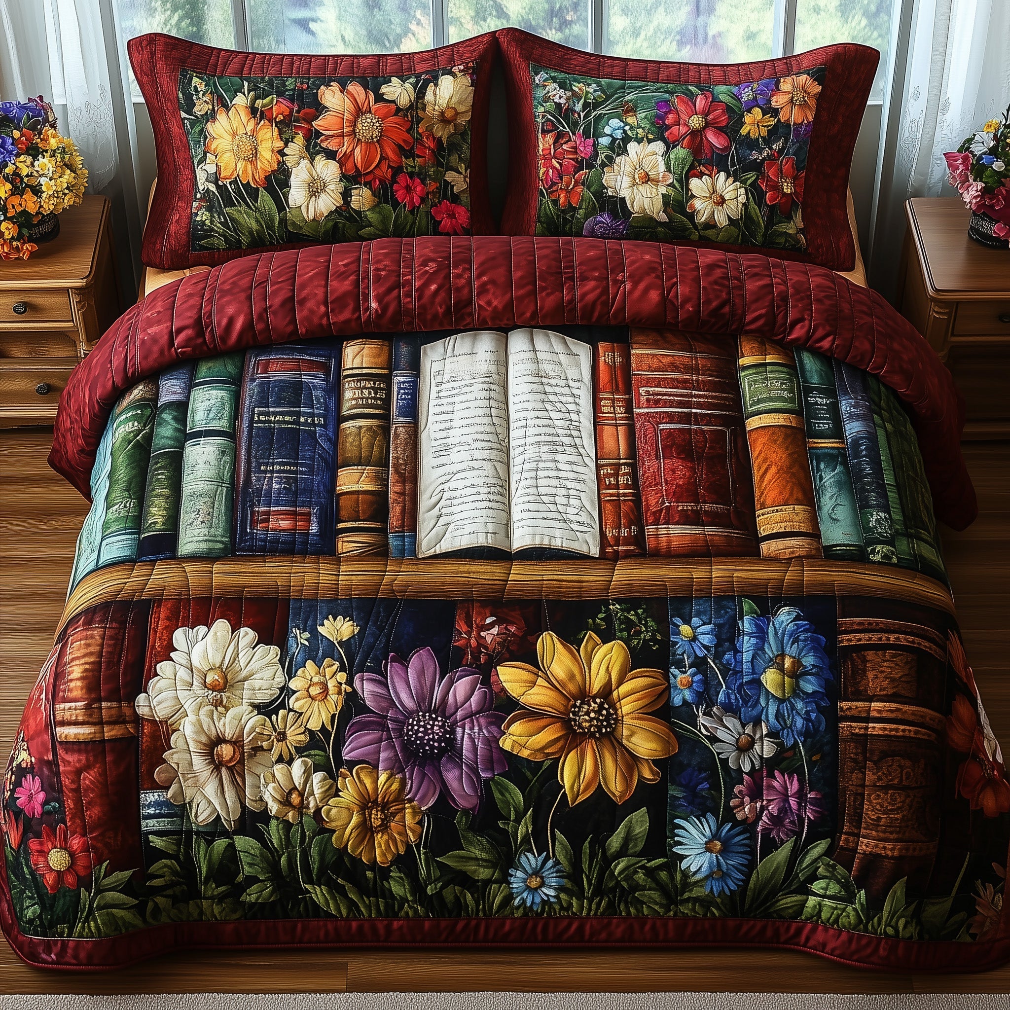 Gardens Library Quilted Bedding Set Retro Study Room Illustration Unique Bedding Gifts