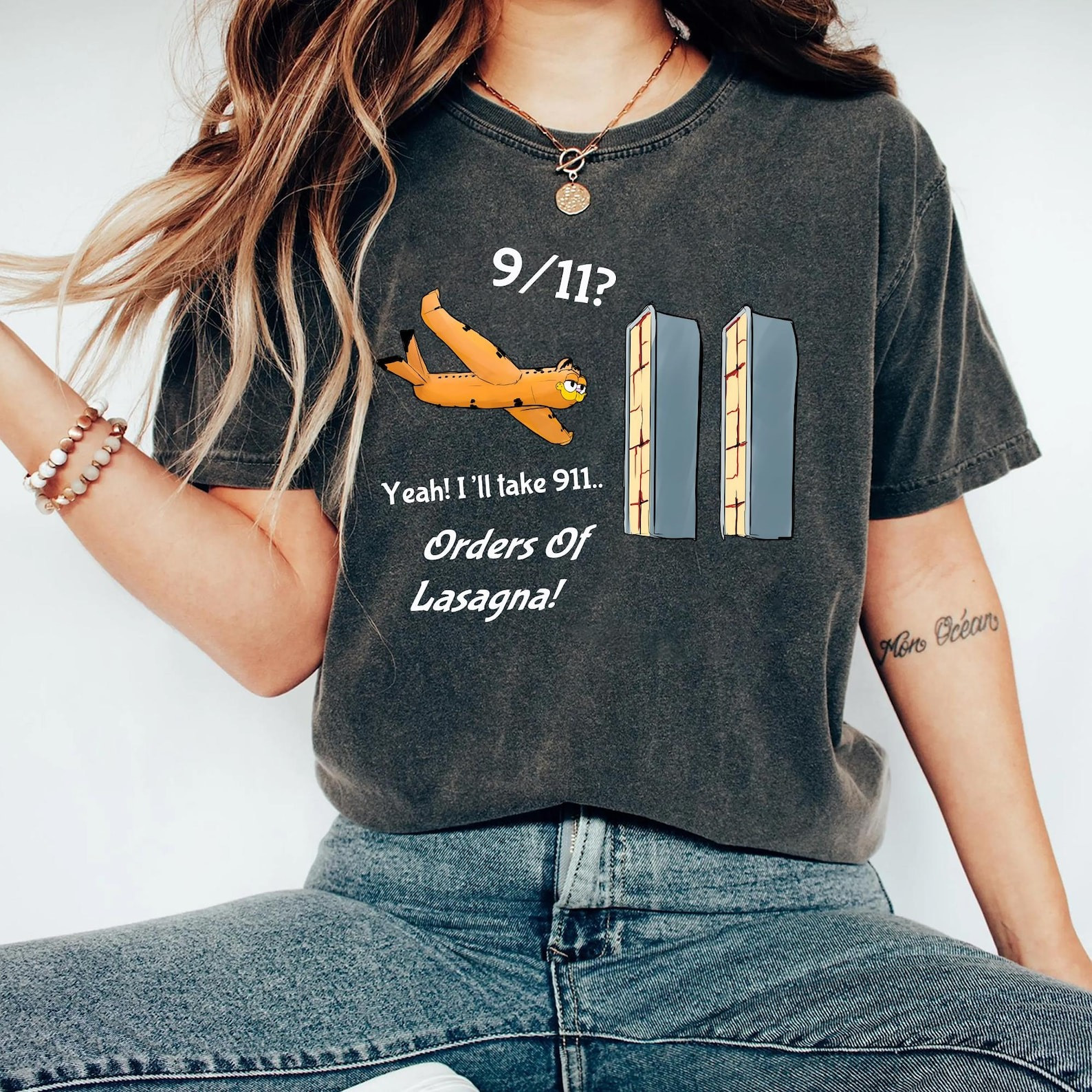 Garfield 9'11 Shirt Funny September 11Th Yeah I'll Take 911 Orders Of Lasagna T-Shirt