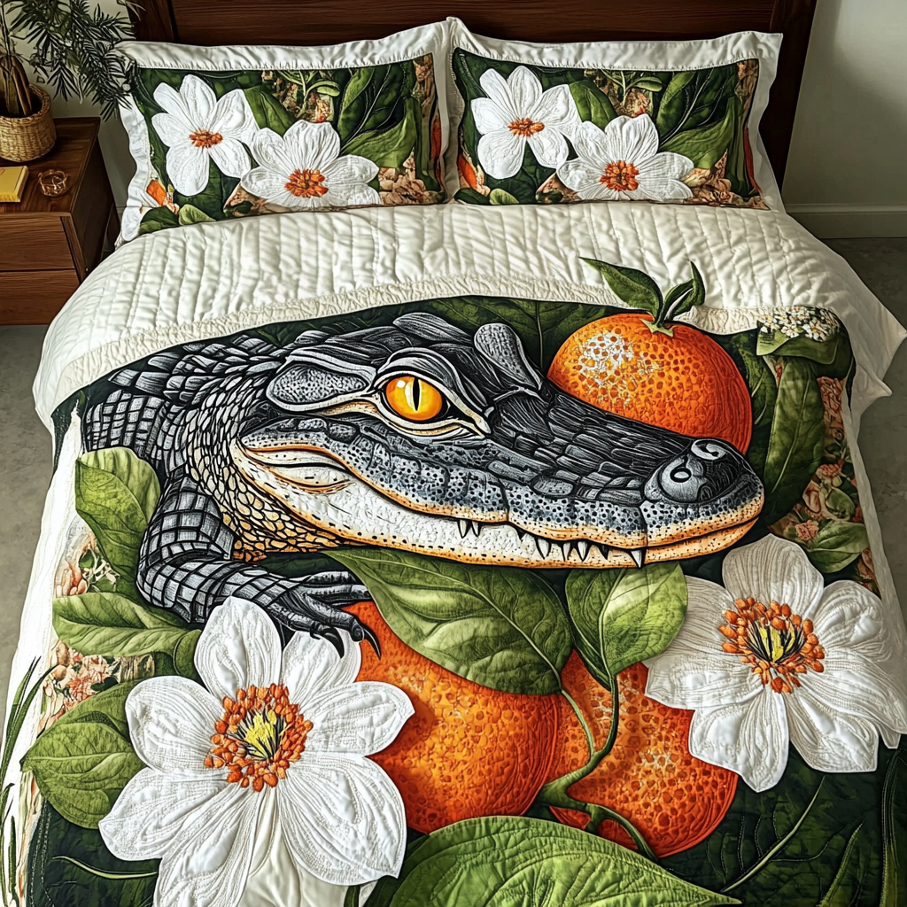 Gator Glow Quilted Bedding Set Aesthetic Room Decor Crocodile Gifts Items