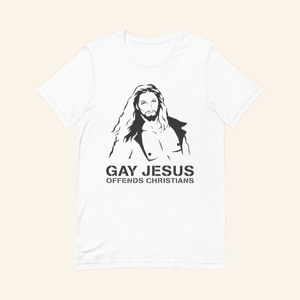 Gay Jesus Offends Christians T-Shirt Satirical Religious Graphic Shirt Gifts For Him Gay Jesus Offends Christians T-Shirt Satirical Religious Graphic Shirt Gifts For Him