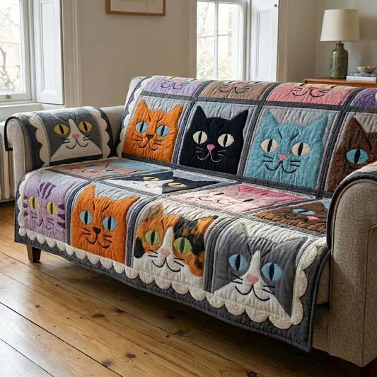 Gaze Cat Canvas Quilted Sofa Cover Cat Lover Home Decor Gift For Cozy Living Room