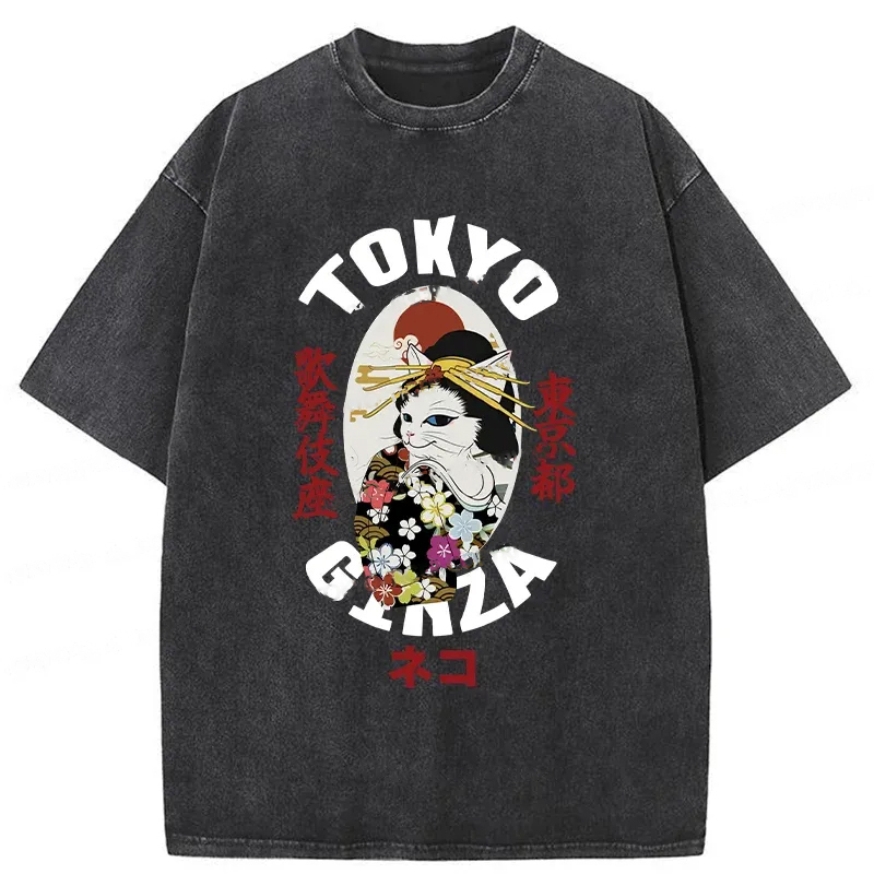 Geisha Cat Japan Washed T-Shirt Funny Aesthetic Trendy Apparel Gifts For BFF