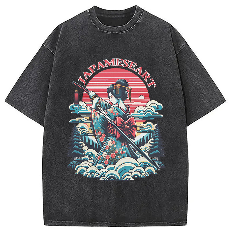 Geisha Samurai Japanese Art Washed T-Shirt Retro Streetwear Graphic Top Gifts For Her
