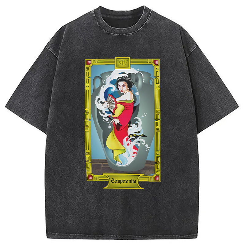 Geisha with Fans Temperantia Tarot Washed T-Shirt Retro Humor Outfit Idea Gifts For Him