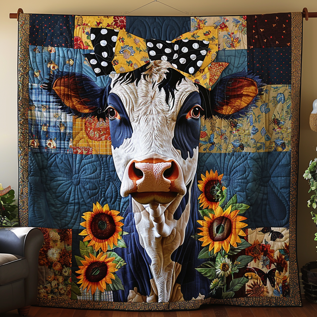 Genteel Sunflower Cow Quilted Blanket Presents For Cow Lovers