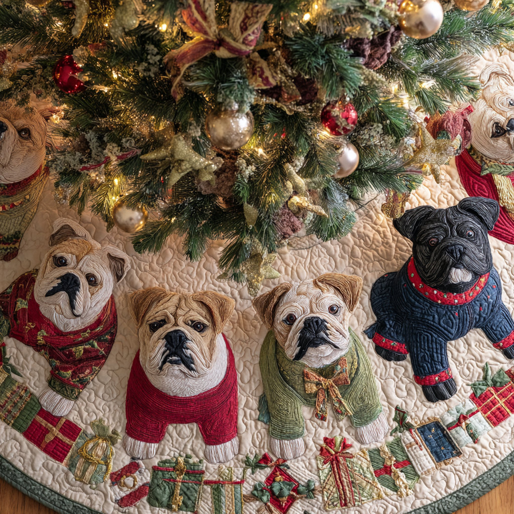 Gentle Bulldog Christmas Quilted Tree Skirt Xmas Tree Stand Cover Gifts With French Bulldogs On Them