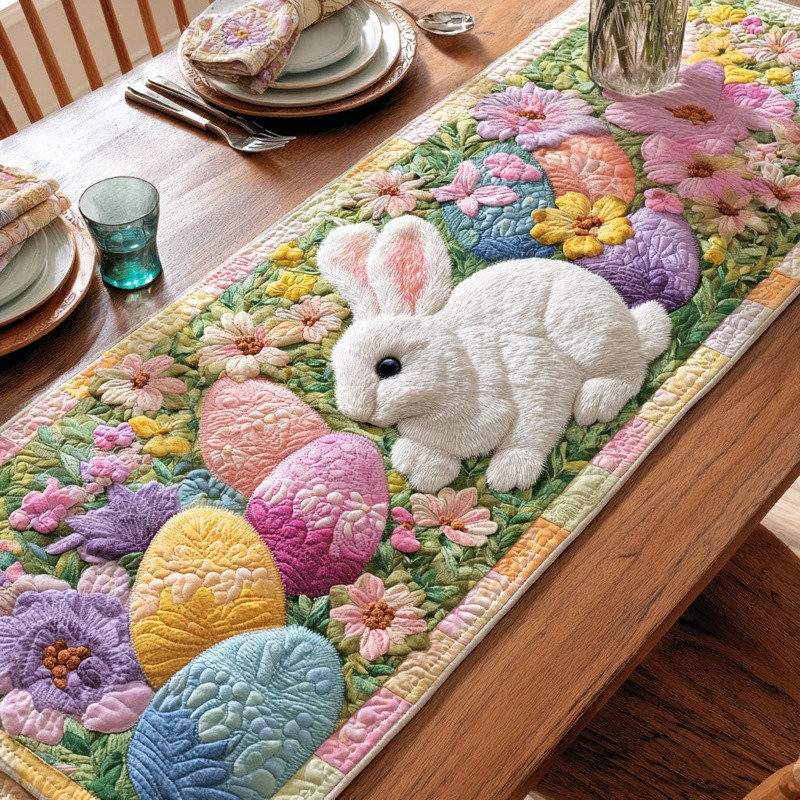 Gentle Bunny Quilted Table Runner Easter Spring Table Decor Cute Gift For Easter Lovers