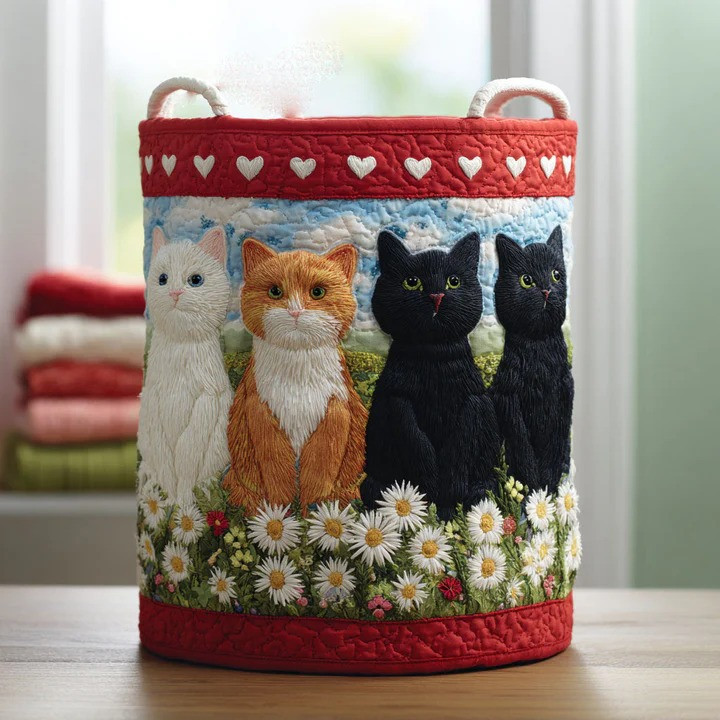 Gentle Cat Quilted Laundry Basket Cute Feline Home Storage Organizer Best Gift For Cat Lovers
