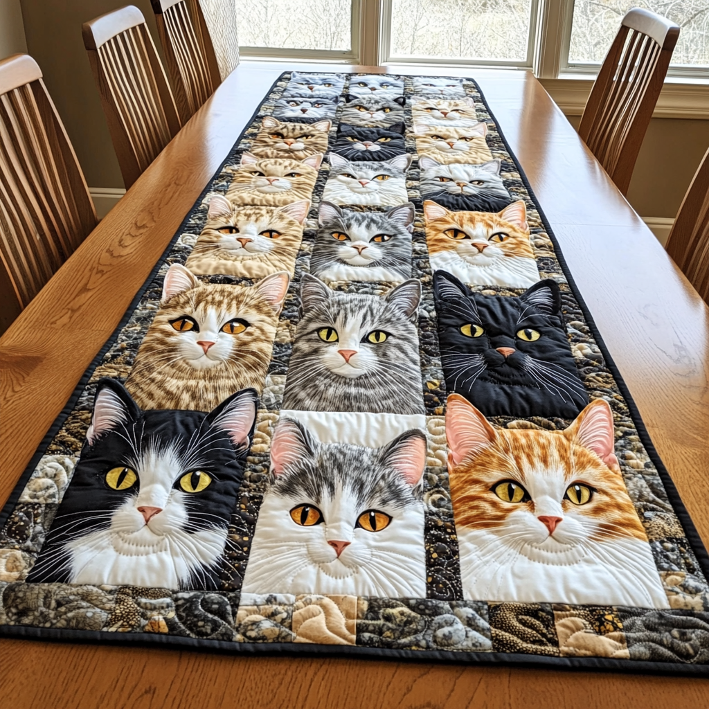 Gentle Cat Quilted Table Runner Dining Table Decor Gift Idea For Cat Owner