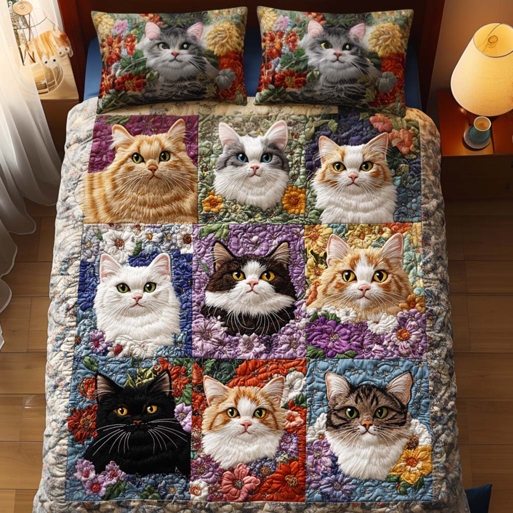 Gentle Cat Whisper Quilted Bedding Set Meaningful Home Gift for Special Occasions