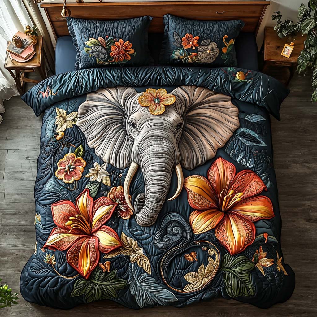 Gentle Elephant Walk Quilted Bedding Set Holiday Season Duvet Cover Set Gifts For Elephant Lovers