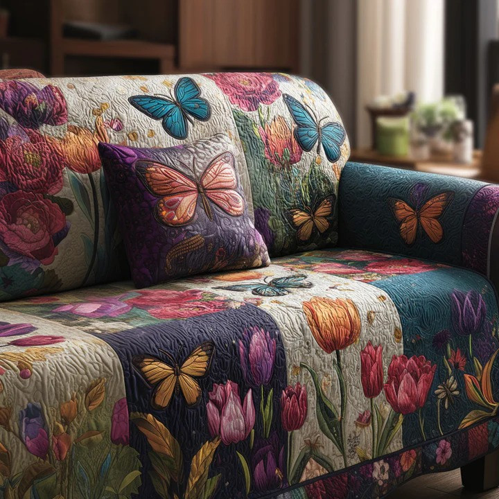 Gentle Garden Quilted Sofa Cover Floral Cottagecore Furniture Protector Best Home Decor Gift