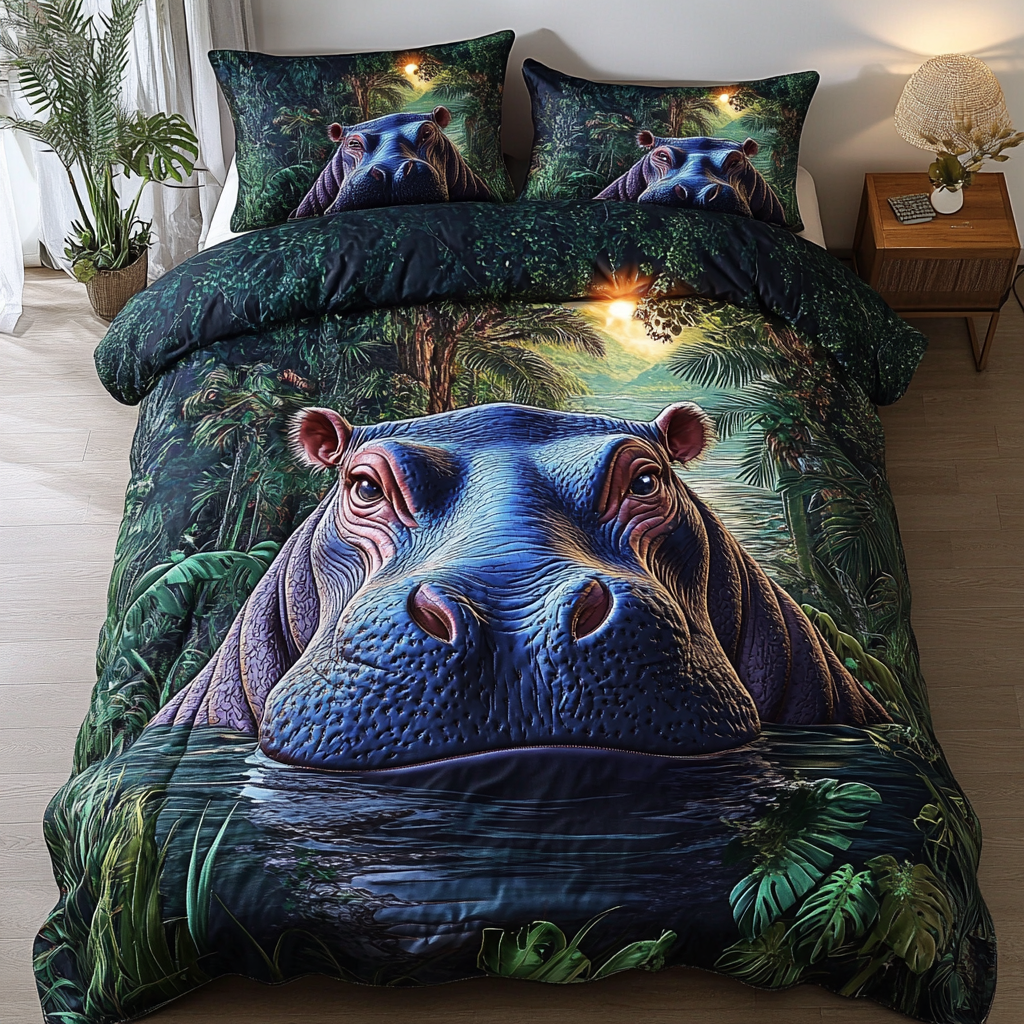 Gentle Giant Quilted Bedding Set Bed Decor Hippopotamus Gift Ideas