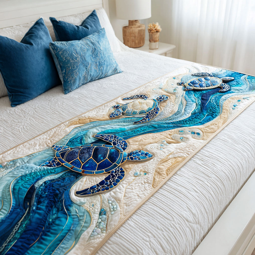 Gentle Glide Quilted Bed Runner Cute Bedroom Decor Sea Turtle Merchandise