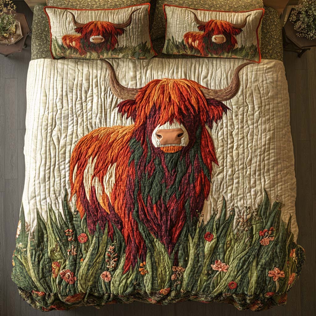 Gentle Highland Spirit Quilted Bedding Set Cute Room Decor Highland Cattle Gifts