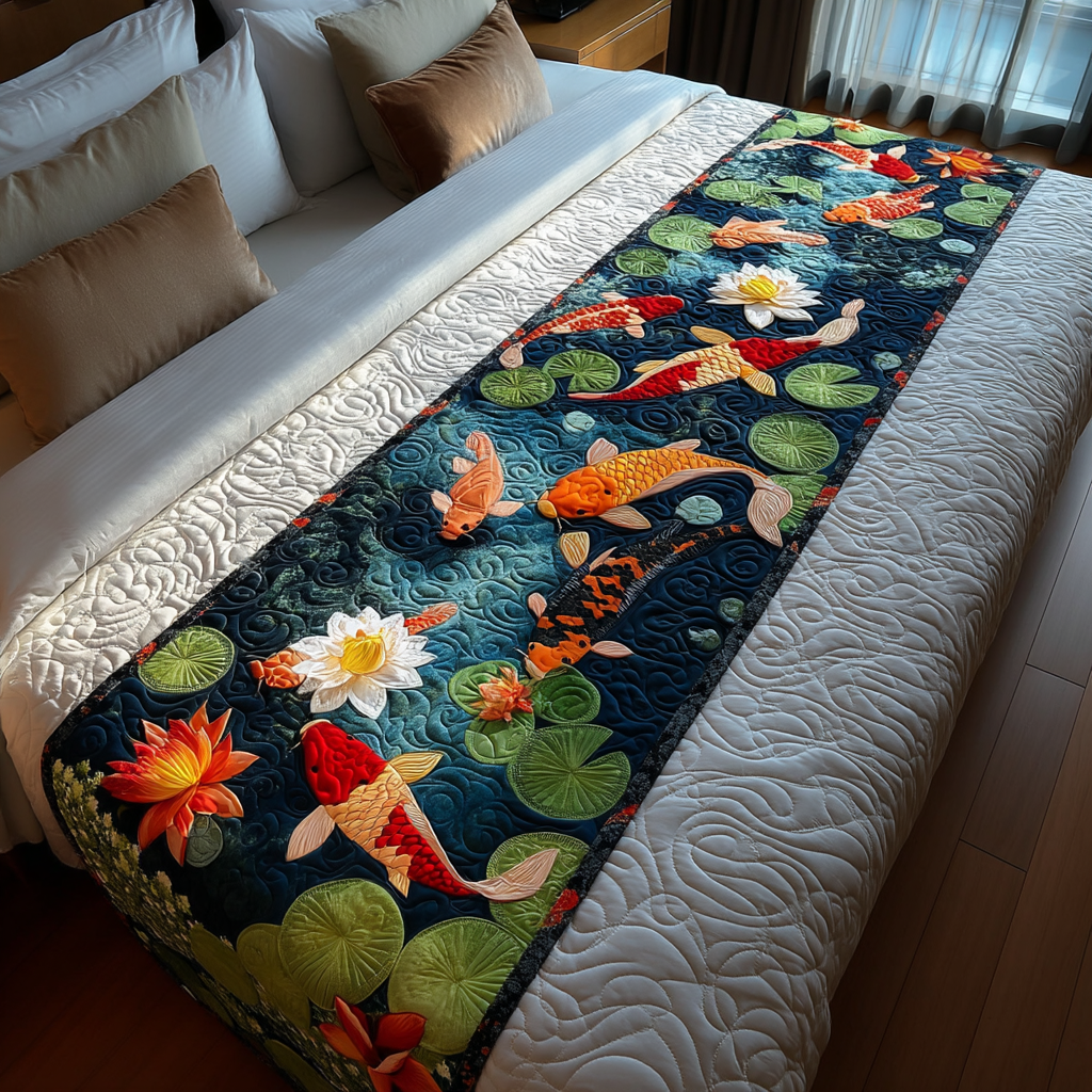 Gentle Koi Quilted Bed Runner Bedroom Decor Gift For Koi Fish Lovers