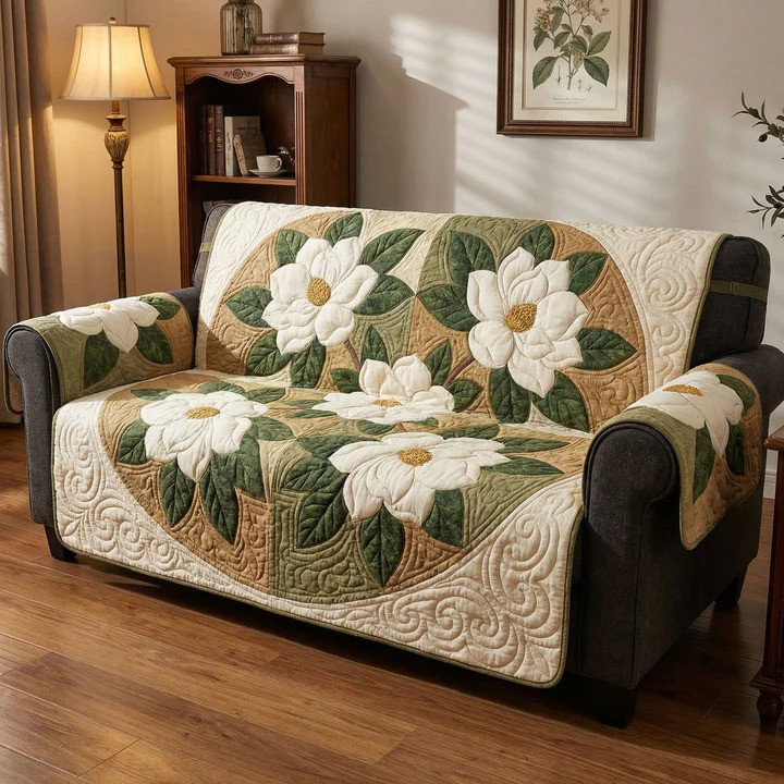Gentle Magnolia Quilted Sofa Cover Soft Floral Furniture Protector Best Gift For Flower Lover Mom