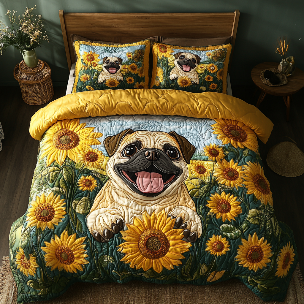 Gentle Pug Quilted Bedding Set Best Bedspread Set Presents For Pug Lovers