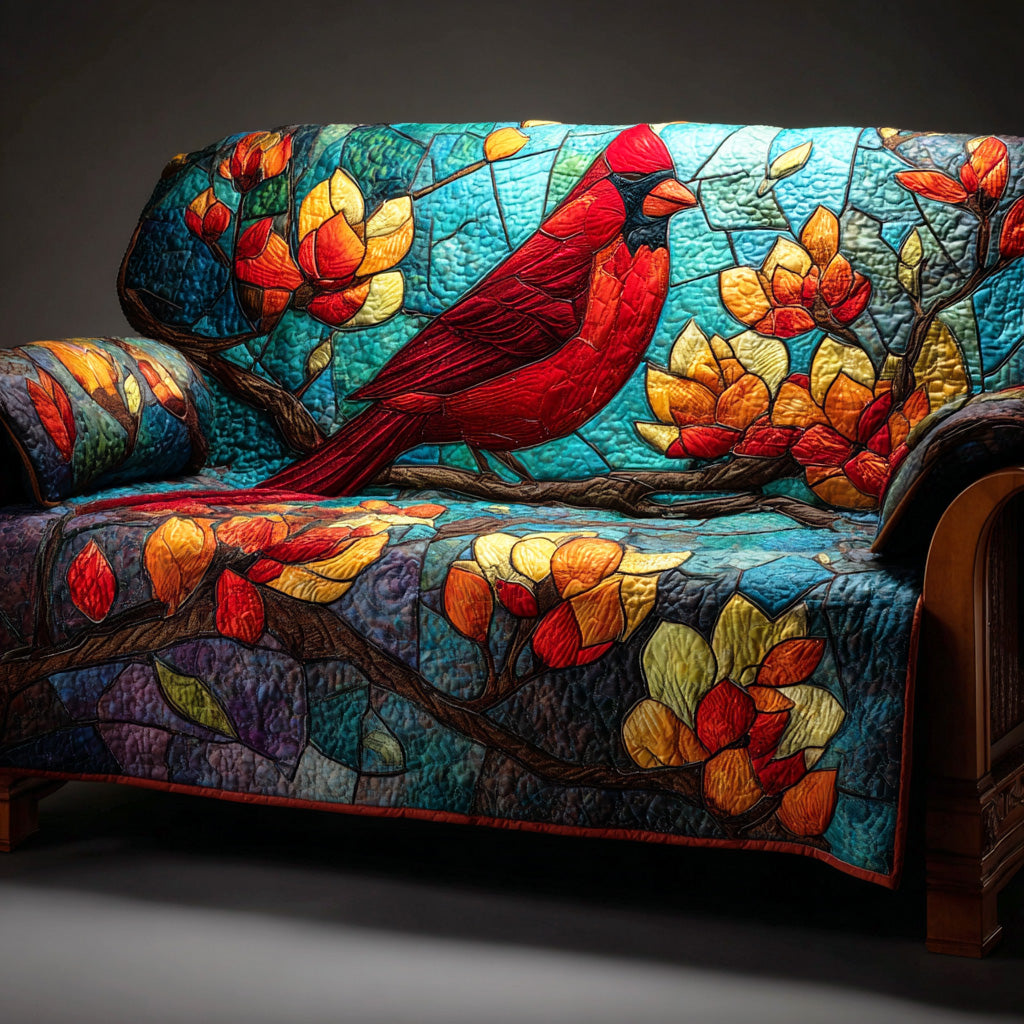 Gentle Red Glow Quilted Sofa Cover Living Room Winter Decor Red Cardinal Bird Gifts
