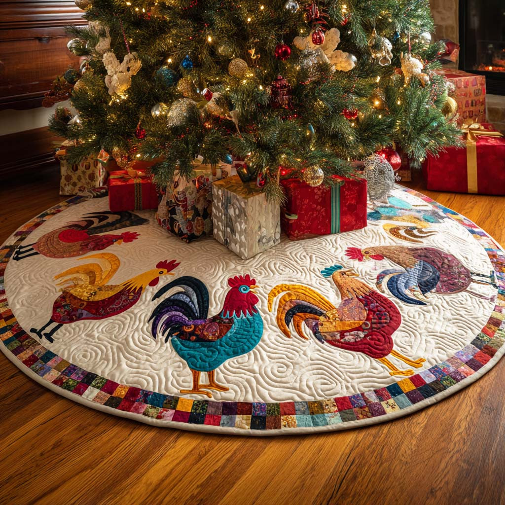 Gentle Rooster Christmas Quilted Tree Skirt Festive Decor Christmas Gifts For Chicken Lovers
