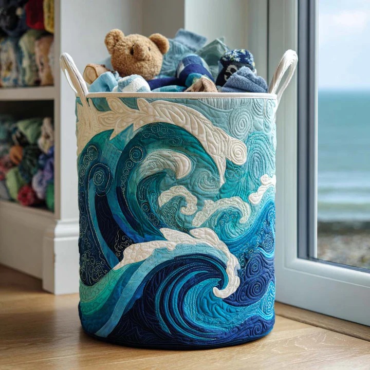 Gentle Sea Foam Ocean Wave Quilted Laundry Basket Coastal Home Decor Best Gift For Beach Lovers
