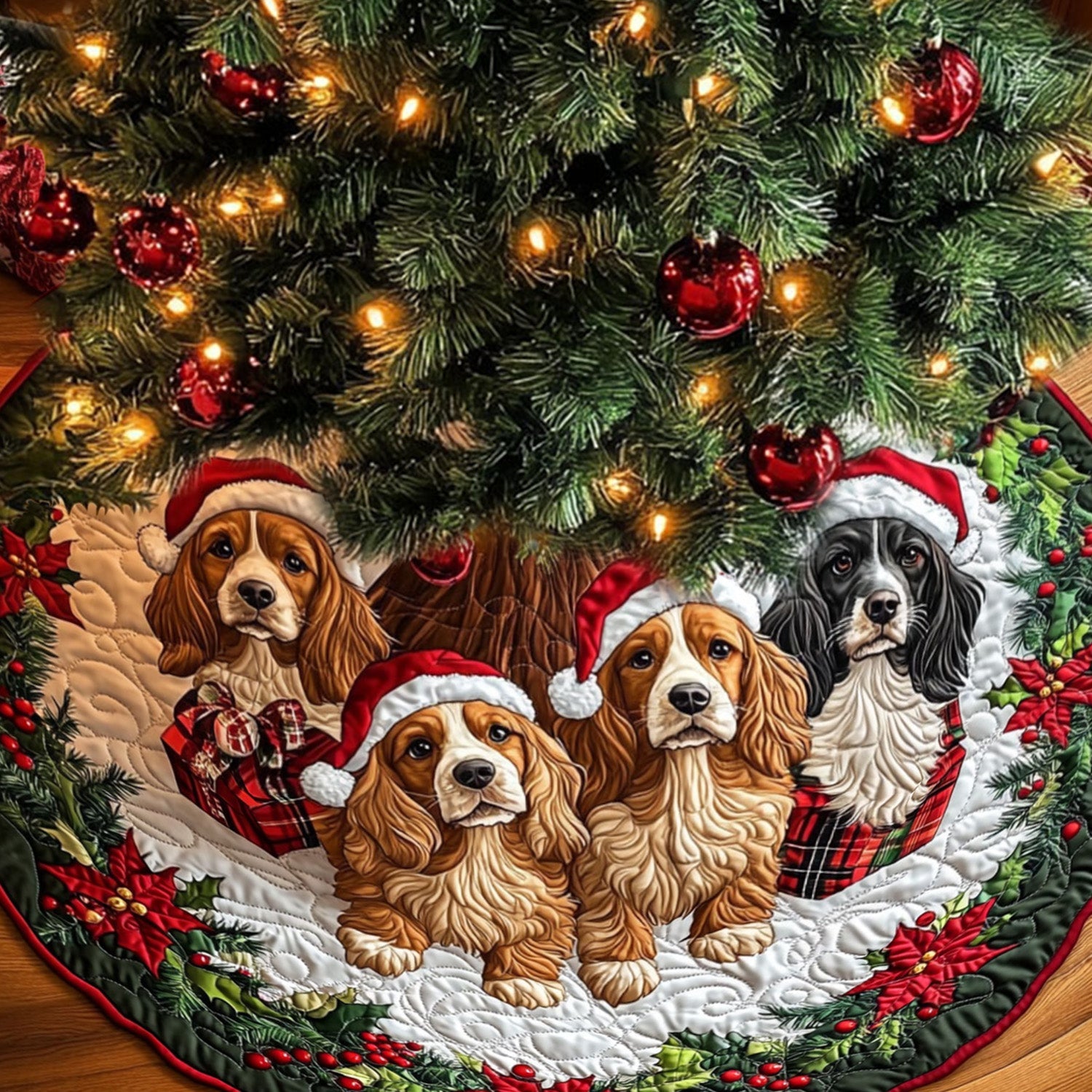 Gentle Spaniel Quilted Christmas Tree Skirt Christmas Holiday Decor Home
