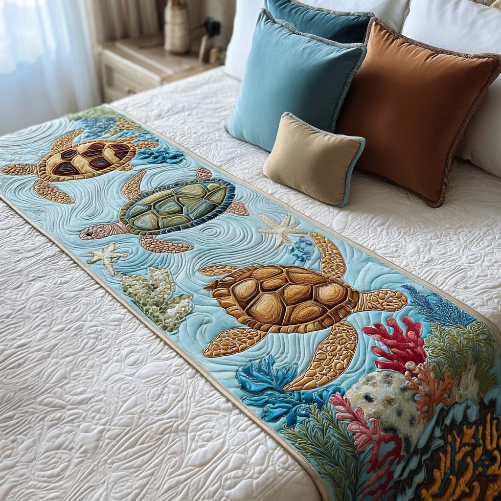 Gentle Turtle Path Quilted Bed Runner Bed Decorations Sea Turtle Gifts For Him