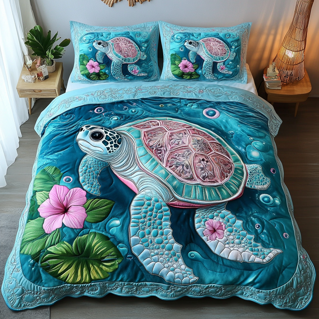 Gentle Turtle Quilted Bedding Set Cozy Bedroom Decor Sea Turtle Stuff