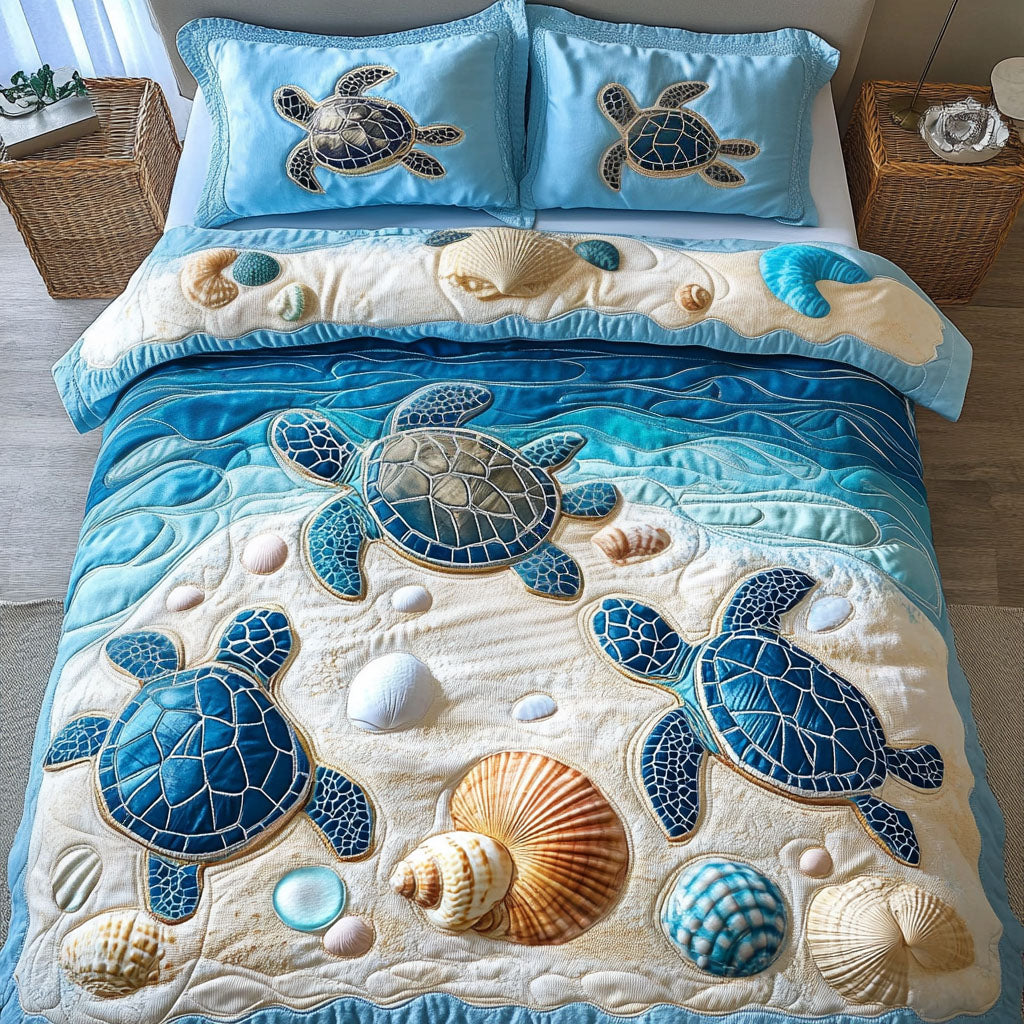 Gentle Turtle Waves Quilted Bedding Set Bedroom Decor Ideas Gifts For People Who Loves Sea Turtle