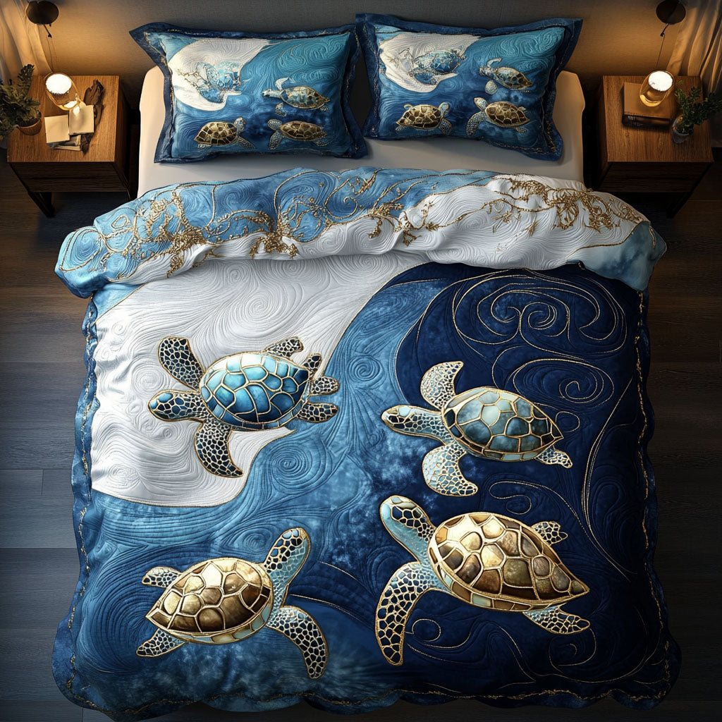 Gentle Turtle Waves Quilted Bedding Set Cute Room Decor Sea Turtle Gifts For Him