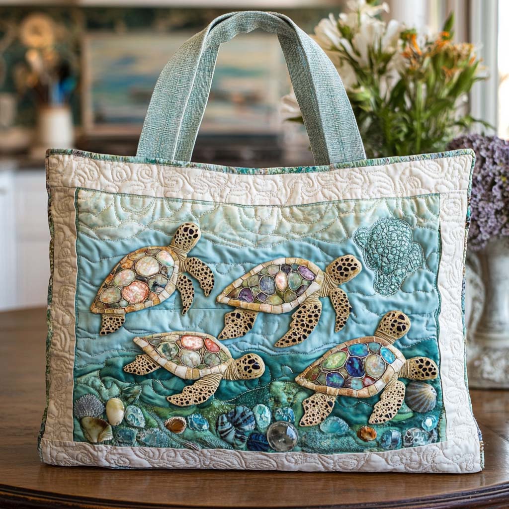 Gentle Turtle Waves Quilted Tote Bag Summer Beach Gifts