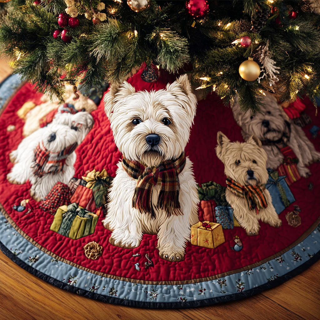Gentle West Highland Terrier Christmas Quilted Tree Skirt Xmas Home Decor Yorkshire Terrier Merchandise