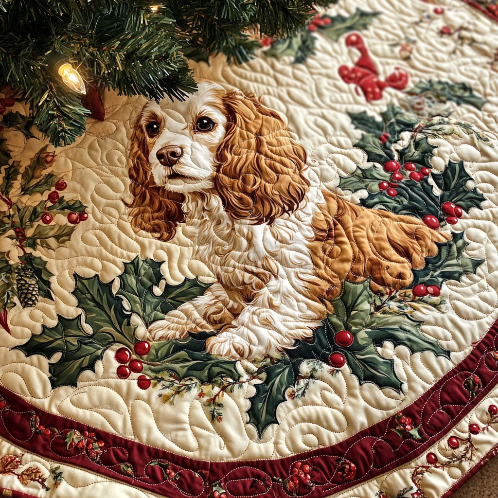 Gentle Whisker Spaniel Quilted Christmas Tree Skirt Holiday Tree Base Decoration