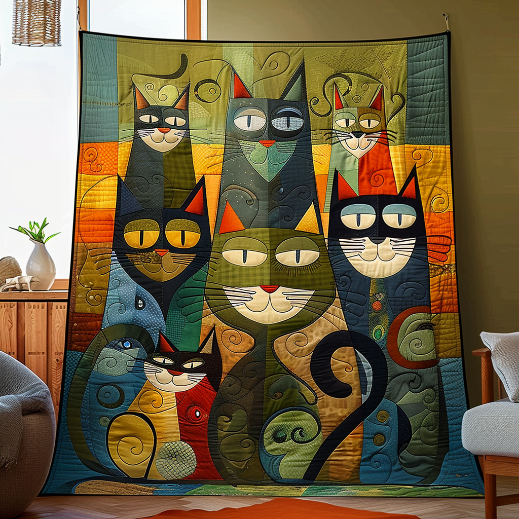 Geometric Cats Quilted Blanket Unique Cat Gifts