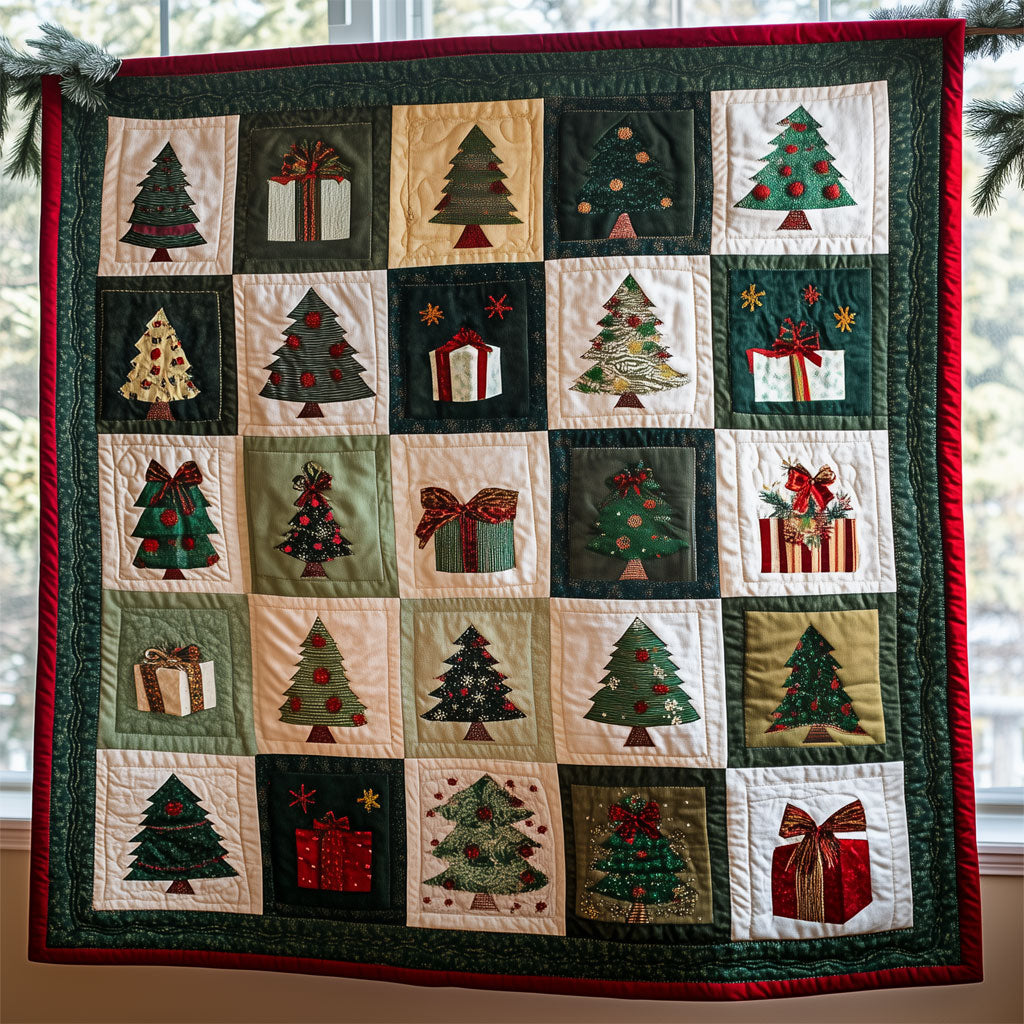 Geometric Christmas Tree And Giftboxes Quilt Perfect Housewarming Gift with Quilt Blanket