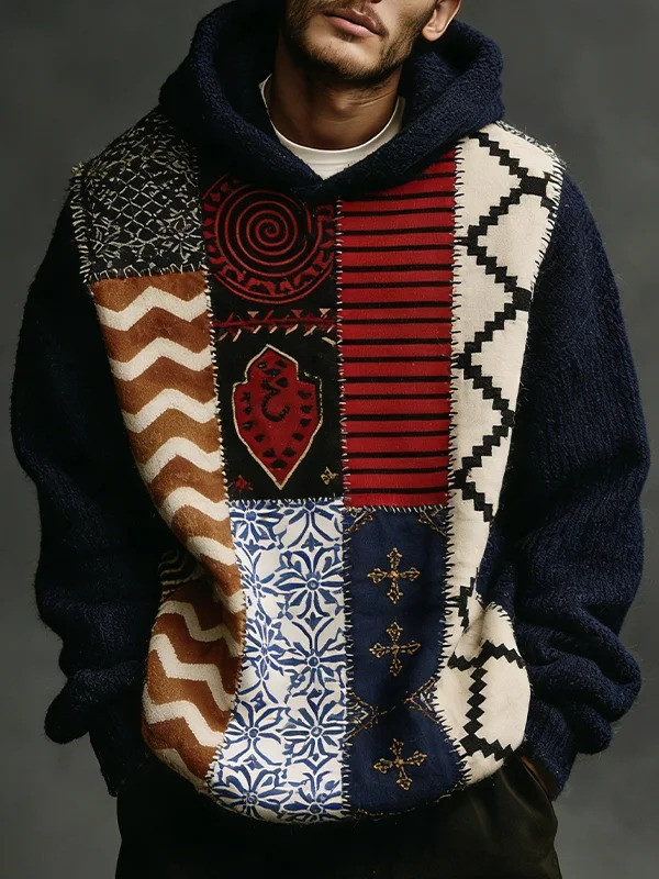 Geometric Pattern Knit Hoodie Men Casual Stylish Best Gift For Men