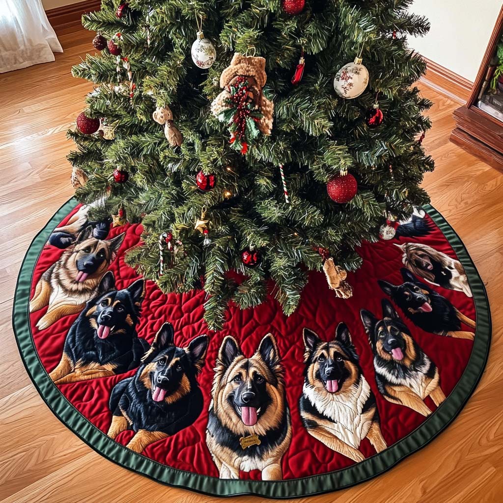 German Shepherd Bliss Christmas Quilted Tree Skirt Popular Gift Merch for Christmas Enthusiasts