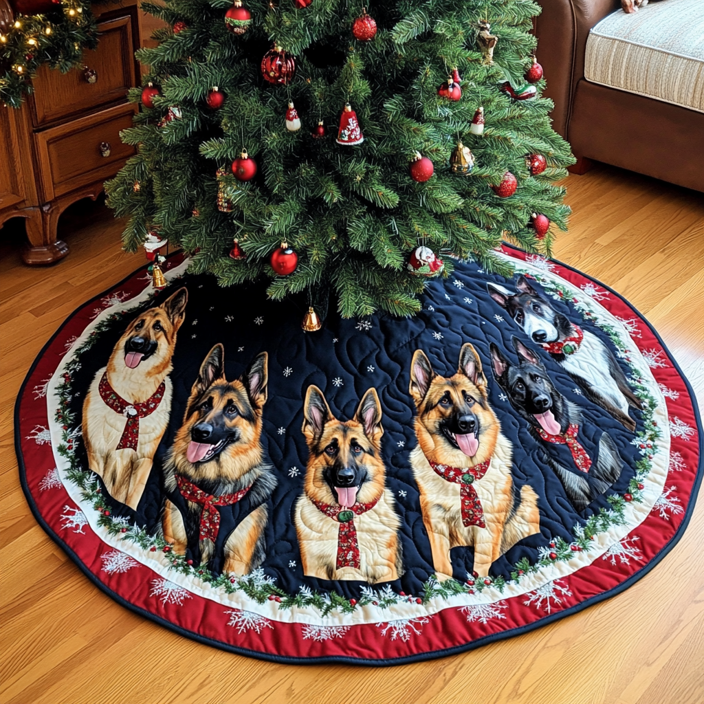 German Shepherd Holiday Joy Christmas Quilted Tree Skirt Xmas Under Tree Decoration Seasonal Tree Area Decoration