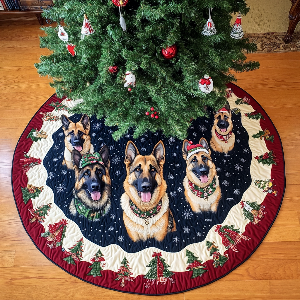 German Shepherd Holiday Spirit Christmas Quilted Tree Skirt Seasonal Gift Merch for Festive Homes