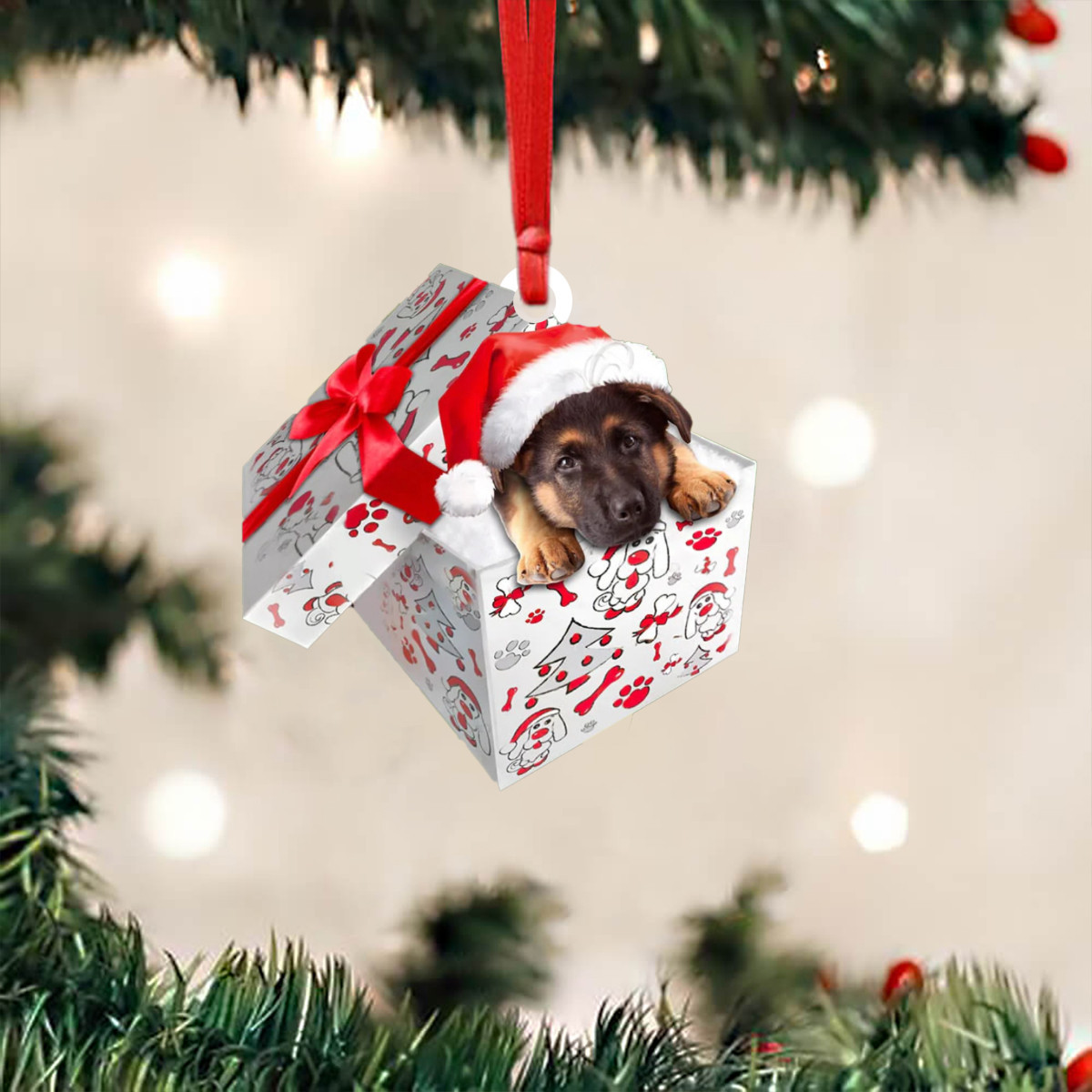 German Shepherd In A Gift Box Christmas Ornament German Shepherd Puppy Xmas Tree Ornament