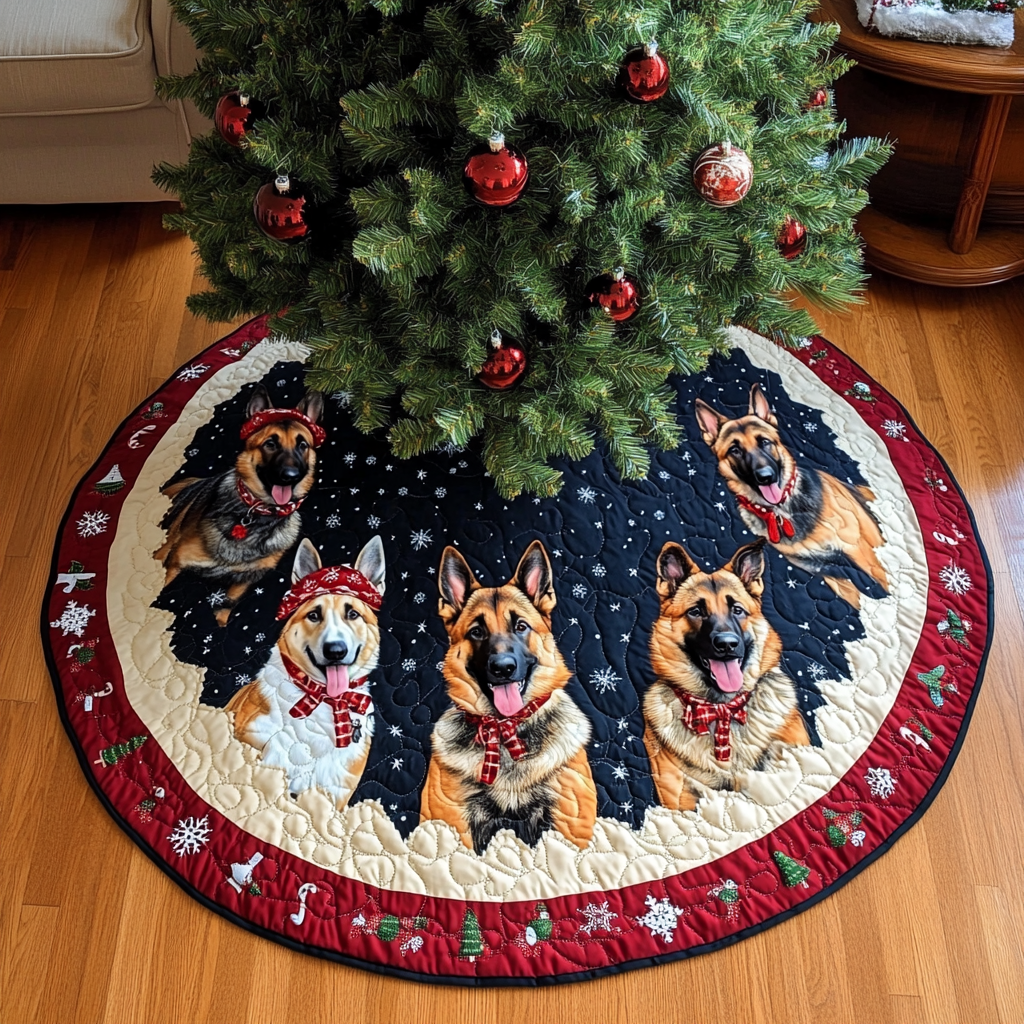 German Shepherd Noel Night Christmas Quilted Tree Skirt Holiday Tree Base Decoration Family Holiday Gathering Decor