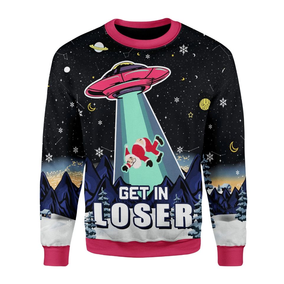 Get In Loser Ugly Christmas Sweater UFO Abduction Santa Funny Clothing Christmas Gifts For Him