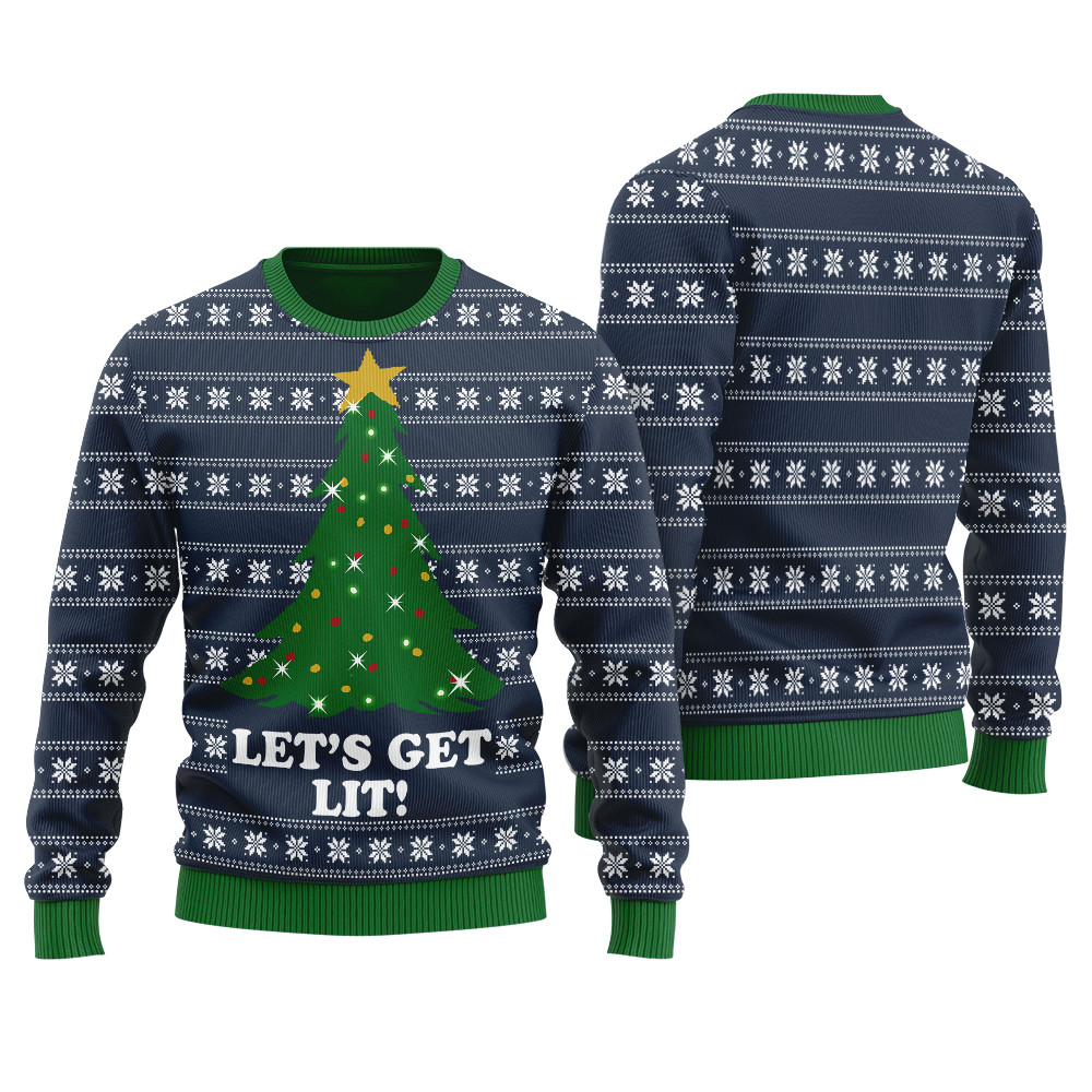 Get Lit Funny Ugly Christmas Sweater Navy Heartwarming Christmas Gift Sweater for Him or Her